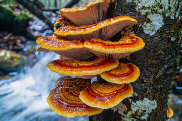 Red and Orange Mushroom Fungus growing on tree near stream  , isolated on white background,  , copy space for text,