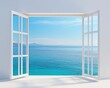 © CHA - A bright and airy image of an open window showcasing a stunning seaside view. The tranquil blue ocean and clear sky create a perfect escape into nature.