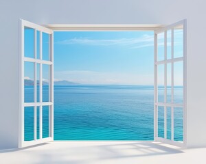 a bright and airy image of an open window showcasing a stunning seaside view. the tranquil blue ocea