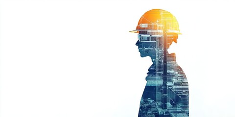double exposure photo of construction worker, blueprints and construction background on white 