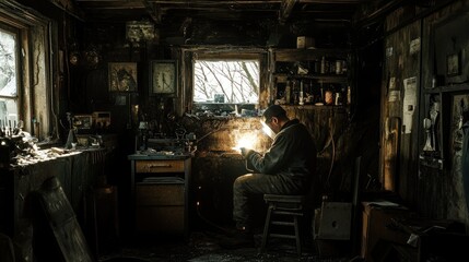 Sticker - A craftsman works intently in a dimly lit workshop, surrounded by tools and memories.