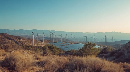 Canvas Print - A scenic view of wind turbines and solar panels in a mountainous landscape.