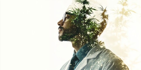 double exposure photo of doctor, cannabis grow background on white -