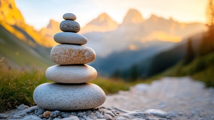 Canvas Print - A stack of smooth stones balanced on a path with a scenic mountain backdrop at sunset.