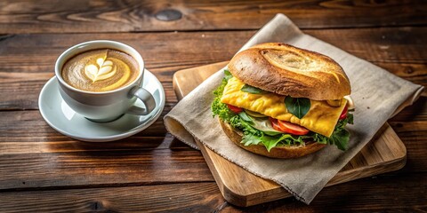 Wall Mural - Breakfast sandwich, coffee, morning meal, cafe atmosphere