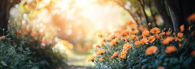 Poster - A serene pathway lined with vibrant orange flowers, illuminated by soft sunlight.