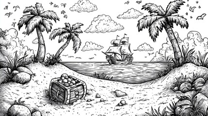 Coloring page of Pirate Island with Treasure Chest on Buried Shoreline