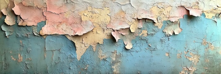 Peeling Layers of Color on Textured Plaster Wall, showcasing a rich history through its worn surface and vibrant hues beneath