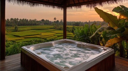 Poster - A luxurious hot tub on a wooden deck overlooking lush rice fields at sunset.