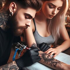 A tattoo artist sketching a design on a client's skin both focus