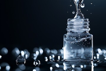 Wall Mural - A close-up of a water-filled bottle splashing droplets, captured against a dark background, highlighting the liquid's clarity and movement.