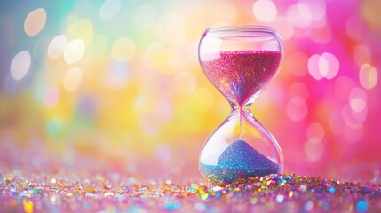 Poster - A colorful hourglass filled with glittery sand, symbolizing the passage of time.