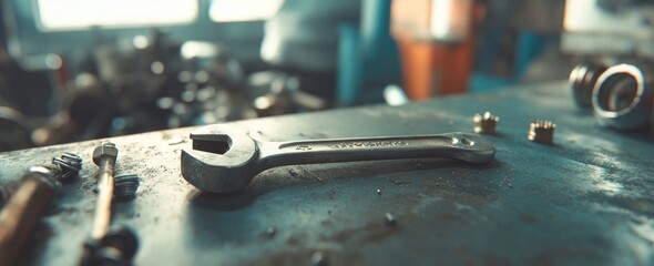 Wall Mural - A close-up of a wrench on a workbench surrounded by various tools and mechanical parts.