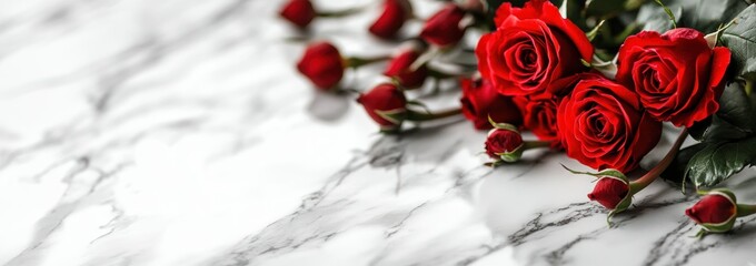 Poster - A bouquet of red roses on a marble surface, symbolizing love and elegance.