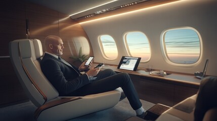 Wall Mural - A businessman relaxes in a luxury airplane seat, using devices while enjoying a scenic view.