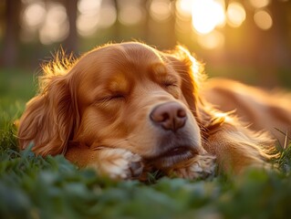 Sleeping dog in a sunlit meadow A cozy dog lounging in a green meadow while the sun's rays gently warm his fur.