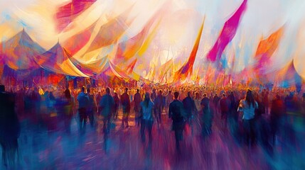 Abstract crowd of festival-goers walking through a field of vibrant tents and flags, their motion creating a swirl of color and energy.