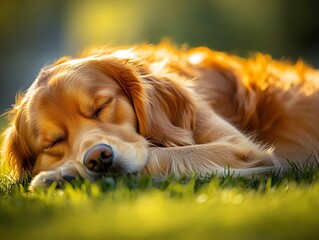 Sleeping dog in a sunlit meadow A cozy dog lounging in a green meadow while the sun's rays gently warm his fur.