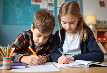 Siblings helping each other with homework in a close up perspect