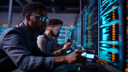 A man in glasses looks intently at a computer monitor filled with code.