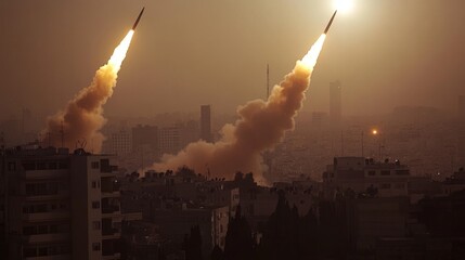 Two rockets are flying in the sky above a city