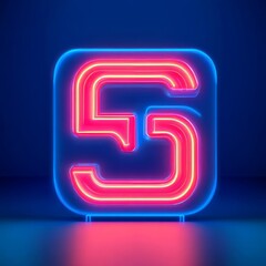 Neon number 5 in a vibrant blue and pink glow against a dark background.