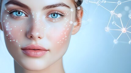 4. A beautiful close-up of a woman is face showcasing flawless skin, with a molecular design representing facial serum, placed against a smooth blue background, ideal for an advertising banner