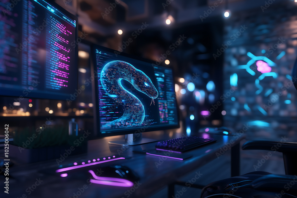 A computer screen displaying python code with a digital snake, symbolizing python programming for data engineering