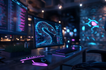 a computer screen displaying python code with a digital snake, symbolizing python programming for da