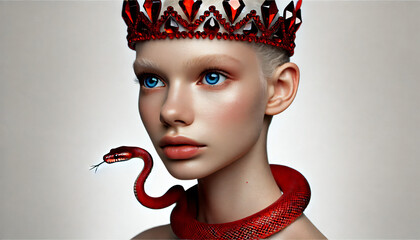 Canvas Print - Surreal portrait of blonde woman with red snake and wearing crown 