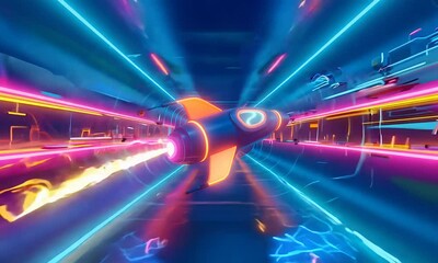 Wall Mural - Futuristic rocket ship in neon tunnel conveys speed and innovation.