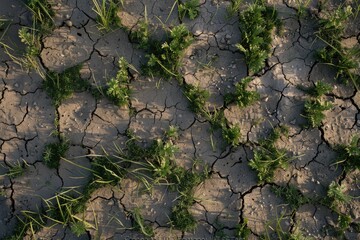 Dry  cracked soil in hot summer drought. Green plants visible.