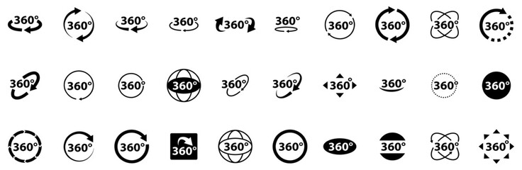 360 degrees arrow, rotate around set icon. Circle signs vertical, horizontal and diagonal view with arrows rotation to 360 degrees. Virtual reality. Rotate cycle, circular moving symbol. EPS 10