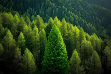 Lush green pine tree forest fresh on mountain side forrest of trees. Forrest of green pine trees on mountainside with rain. Tall pine trees close up in the park hills mountains. thick cedar forests.