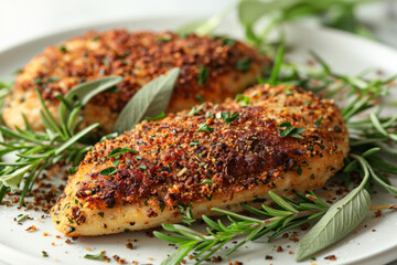 Chicken Fillets on the background of Salvia leaves and fresh rosemary.