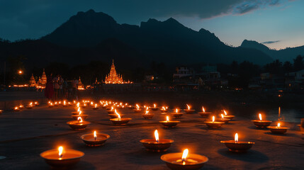 night on Karthigai Deepam, devotees gather around Tiruvannamalai Temple to light oil lamps, orange and red hues of flame, Ai generated images