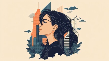 Illustration of a confident woman with glasses against a cityscape background, depicting modern urban life and empowerment.