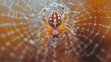 Wall Mural -   A close-up of a spider on a cobweb with water droplets on its back and a blurred background
