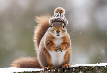 cute squirrel in brown winter hat on snow background with copy space, winter, christmas and new year concept