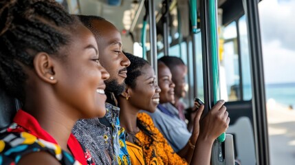 Passengers from Congo board an electric bus. which reflects environmentally friendly and inclusive public transport.