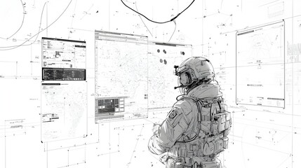 Fototapete - A black and white line drawing depicting the interior of a war room where military commanders and strategists are gathered around screens and communication equipment