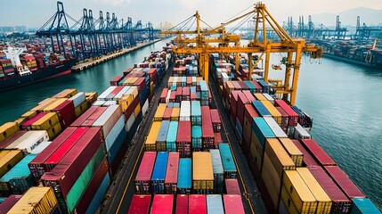 5. A dynamic view of rows of cargo containers on a docked container ship, with cranes in action and the busy atmosphere of an industrial port in the background, emphasizing global trade