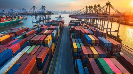 5. A dynamic view of rows of cargo containers on a docked container ship, with cranes in action and the busy atmosphere of an industrial port in the background, emphasizing global trade