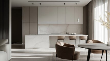 A modern kitchen and dining room with a minimalist aesthetic. 