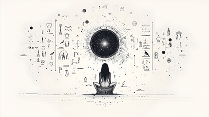 Cleopatra Sitting on a Grand Throne Surrounded by Ancient Egyptian Hieroglyphs Symbols and Mystical Patterns in a Black and White Line Drawing
