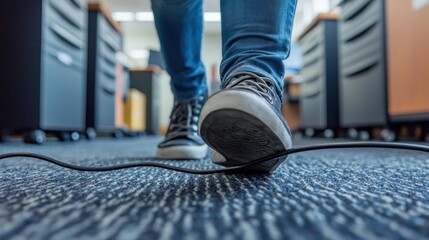 avoid workplace accidents: person tripping over loose cable in office environment. copy space for sa