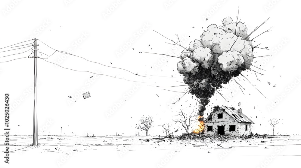 Devastation of Conflict A black line drawing depicting a war torn ...