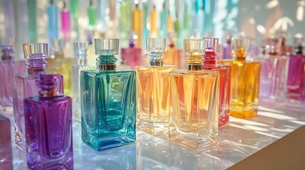 5. An elegant display of transparent multi-color glass perfume bottles on a light backdrop, arranged artistically to create a stunning visual composition for a stylish perfume presentation