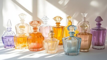 5. An elegant display of transparent multi-color glass perfume bottles on a light backdrop, arranged artistically to create a stunning visual composition for a stylish perfume presentation
