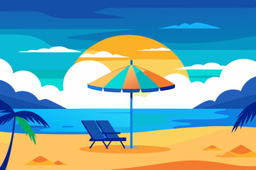 Summer background beach with blue sky, sun and umbrella. Vector illustration.